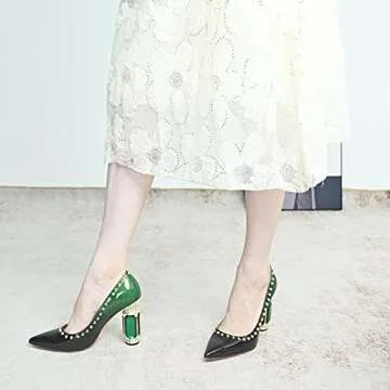 FSJ Women Bridal Pointed Toe Chunky High Heel Crystal Pumps Slip on Wedding Thick Comfort Shoes Size 8 Emerald Green