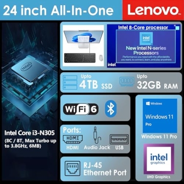 Lenovo 24 All-in-One Desktop Computer with Intel 8-Core i3 Processor, 16GB RAM, 1TB SSD, Windows 11 ...