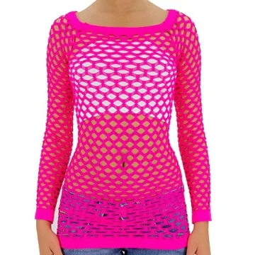 Stylish TD Collections Women's Long Sleeve Fishnet Blouse - Neon Pink