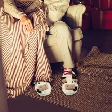 Cow Slippers for Women Men, Cartoon Plush Warm Cow Slippers for Girls, Cow Gift for Women and Ladies Size5-5.5/4-4.5