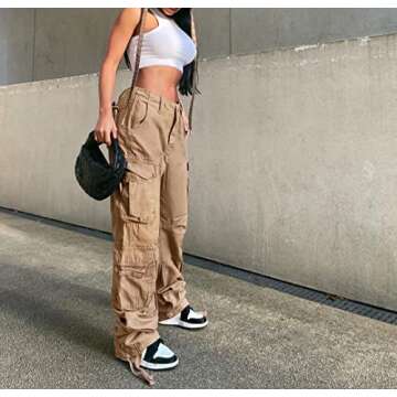 Women's Y2K High Rise Baggy Straight Leg Cargo Pants Streetwear Casual Boyfriend Trousers with Pocke...