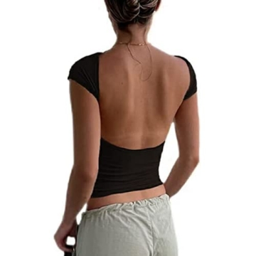 Women Backless T-Shirt Y2k Short Sleeve Crew Neck Crop Tee Top Open Back Slim Fit Blouse Tops(A Black,Small)