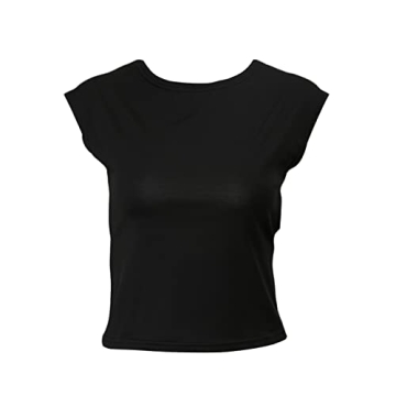 Women Backless T-Shirt Y2k Short Sleeve Crew Neck Crop Tee Top Open Back Slim Fit Blouse Tops(A Black,Small)