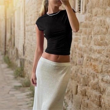 Women Backless T-Shirt Y2k Short Sleeve Crew Neck Crop Tee Top Open Back Slim Fit Blouse Tops(A Black,Small)