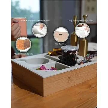 Couch Cup Holder Tray, Hitseon Silicone Bamboo Couch Caddy with Rotatable Phone Holder for Bed Car Seat Organizer, Waterproof Anti-Spill Couch Drink Holder for Snacks Beverage Remote (Black)