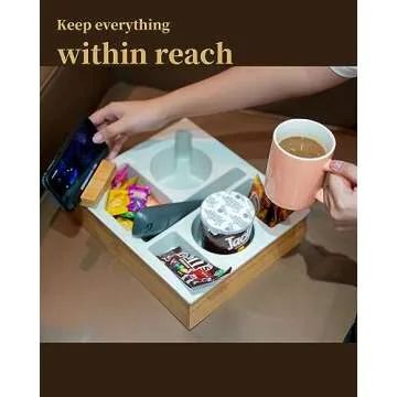 Couch Cup Holder Tray, Hitseon Silicone Bamboo Couch Caddy with Rotatable Phone Holder for Bed Car Seat Organizer, Waterproof Anti-Spill Couch Drink Holder for Snacks Beverage Remote (Black)