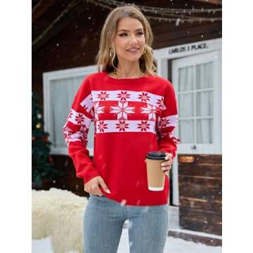 VIISHOW Women Ugly Christmas SweatersFall Sweaters Round Neck Cute Winter Pullover Sweaters for Women Trendy 2024,Christmas Snowflake Red,Small