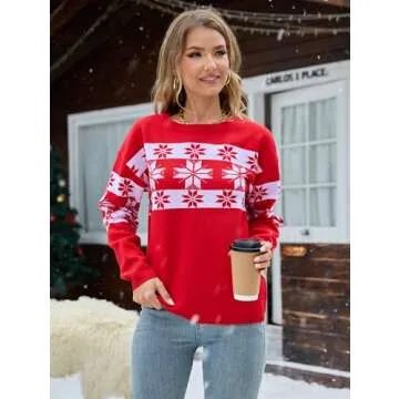 VIISHOW Women Ugly Christmas SweatersFall Sweaters Round Neck Cute Winter Pullover Sweaters for Women Trendy 2024,Christmas Snowflake Red,Small