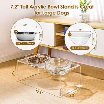Acrylic Elevated Dog Cat Bowls Pet Feeder Double Bowl Raised Stand Comes with 2 Removable Glass Bowls and 2 Stainless Steel Bowls.Perfect for Large Dogs, 7.2" Tall