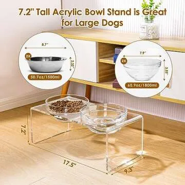 Acrylic Elevated Dog Cat Bowls Pet Feeder Double Bowl Raised Stand Comes with 2 Removable Glass Bowls and 2 Stainless Steel Bowls.Perfect for Large Dogs, 7.2" Tall