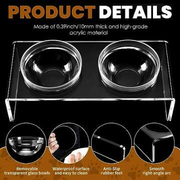 Acrylic Elevated Dog Cat Bowls Pet Feeder Double Bowl Raised Stand Comes with 2 Removable Glass Bowls and 2 Stainless Steel Bowls.Perfect for Large Dogs, 7.2" Tall