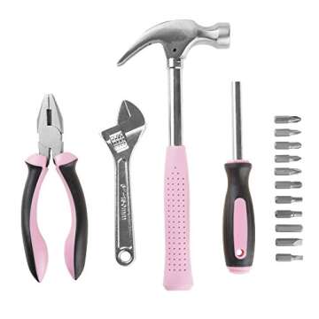 15-Piece Household Hand Tool Set with Carry Case – Tool Kit with Screwdrivers, Pliers, and Wrenches – Great for Home or Car by Stalwart (Pink)