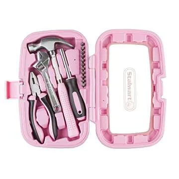 15-Piece Household Hand Tool Set with Carry Case – Tool Kit with Screwdrivers, Pliers, and Wrenches – Great for Home or Car by Stalwart (Pink)