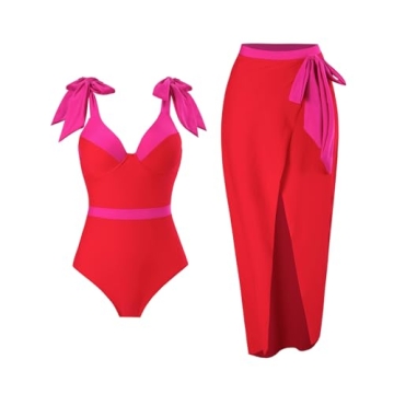 Floral One Piece Swimsuit with Cover Up Skirt - Women's Beachwear