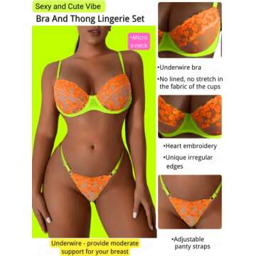 Kaei&Shi Sexy Bra And Panty Sets,Glow In The Dark Heart Embroidered Lace Lingerie For Women,Underwire G String Sheer Matching Two Piece Sexy Lingerie Set Boudoir Orange Small