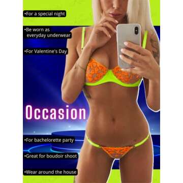 Kaei&Shi Sexy Bra And Panty Sets,Glow In The Dark Heart Embroidered Lace Lingerie For Women,Underwire G String Sheer Matching Two Piece Sexy Lingerie Set Boudoir Orange Small