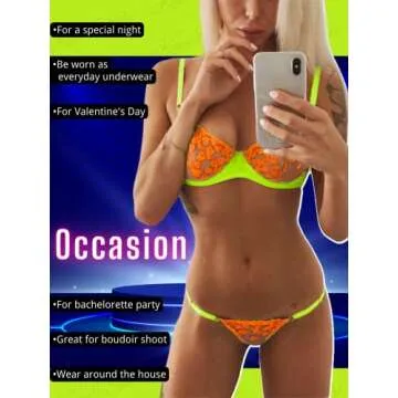 Kaei&Shi Sexy Bra And Panty Sets,Glow In The Dark Heart Embroidered Lace Lingerie For Women,Underwire G String Sheer Matching Two Piece Sexy Lingerie Set Boudoir Orange Small