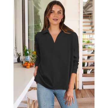 ANRABESS Women Long Sleeve Polo Shirts Casual V Neck Collared Boxy Fit Dressy Work Blouse Top Spring Outfits Black M