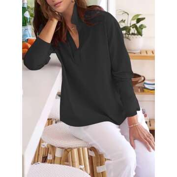 ANRABESS Women Long Sleeve Polo Shirts Casual V Neck Collared Boxy Fit Dressy Work Blouse Top Spring Outfits Black M