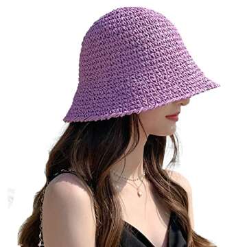 Womens Straw Sun Hat Woven Bucket Hat Fishing Hat Beach Hat Foldable Cap Solid Color Straw Beach Hat Summer