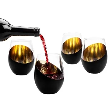 Elegant Matte Black & Gold Stemless Wine Glass Set of 4