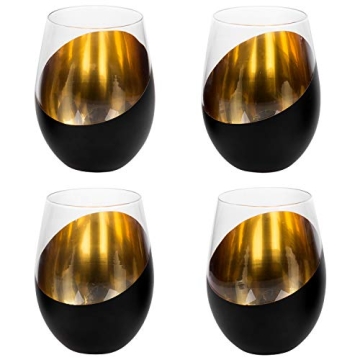 Elegant Matte Black & Gold Stemless Wine Glass Set of 4