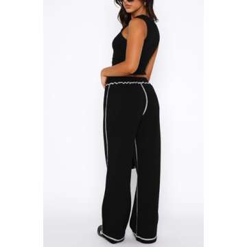 DISCIPBUSH Track Pants Women - Soft Wide Leg Sweatpants Women Drawstring Lounge Pants Joggers with Pockets Black XS