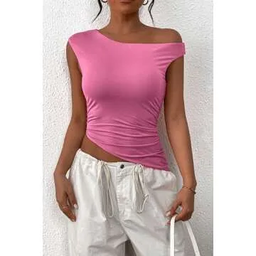 PRETTYGARDEN Womens 2025 Summer Off The Shoulder Crop Tops Sleeveless One Shoulder Ruched Asymmetrical Y2K Going Out Tank Top (Pink,Large)