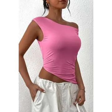 PRETTYGARDEN Womens 2025 Summer Off The Shoulder Crop Tops Sleeveless One Shoulder Ruched Asymmetrical Y2K Going Out Tank Top (Pink,Large)