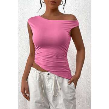 PRETTYGARDEN Womens 2025 Summer Off The Shoulder Crop Tops Sleeveless One Shoulder Ruched Asymmetrical Y2K Going Out Tank Top (Pink,Large)