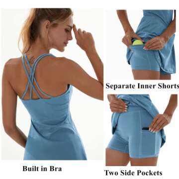 Topcloset Tennis Dress for Women Workout Dress with Built-in Bra & Shorts Pockets Athletic Dress for Exercise Golf Dresses, Blue, S