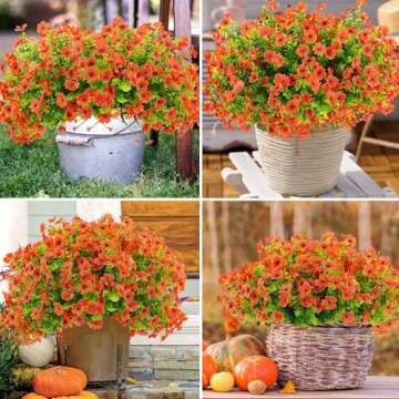 Rowfad 18 Pcs Artificial Mums Fall Flowers Outdoor Plastic Fall Flowers Fake Mums Plant Outside Autumn Flowers Greenery for Porch Window Box Home Decor (18, Green and Orange)