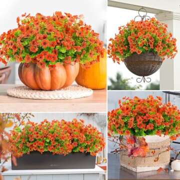 Rowfad 18 Pcs Artificial Mums Fall Flowers Outdoor Plastic Fall Flowers Fake Mums Plant Outside Autumn Flowers Greenery for Porch Window Box Home Decor (18, Green and Orange)