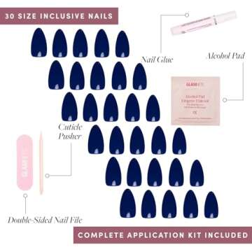 Glamnetic Press On Nails - Midnight Blue | Opaque Dark Navy Blue Short Almond False Nails, Reusable Stick On Fake Nails with Glue | Salon Quality | 15 Sizes - 30 Nail Kit