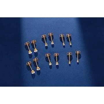 FOSIR 6 Pairs Tiny 14K Gold Plated Stainless Steel Round Clear Cubic Zirconia Stud Earrings for Women (2mm 3mm 4mm CZ, 14K Gold)