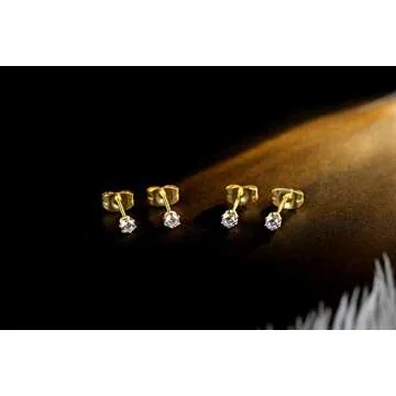 FOSIR 6 Pairs Tiny 14K Gold Plated Stainless Steel Round Clear Cubic Zirconia Stud Earrings for Women (2mm 3mm 4mm CZ, 14K Gold)