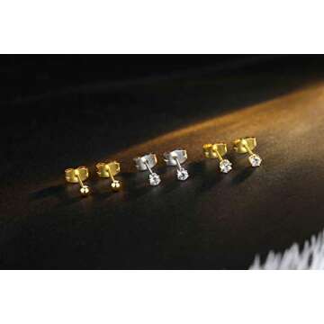 FOSIR 6 Pairs Tiny 14K Gold Plated Stainless Steel Round Clear Cubic Zirconia Stud Earrings for Women (2mm 3mm 4mm CZ, 14K Gold)