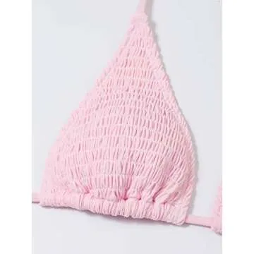 SweatyRocks Women's 2 Piece Triangle Bathing Suit Halter Top Tie Side Thong Bikini Swimsuits Pale Pink M