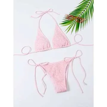 SweatyRocks Women's 2 Piece Triangle Bathing Suit Halter Top Tie Side Thong Bikini Swimsuits Pale Pink M