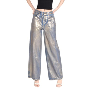 Glkaend Metallic Baggy Stretch High Waisted Wide Leg Boyfriend Jeans, Blue, S
