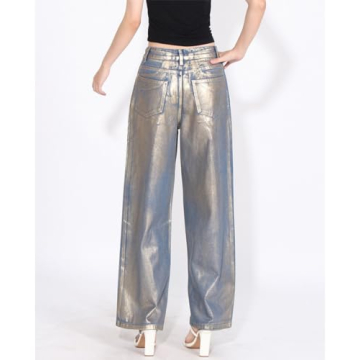 Stylish Glkaend Women Metallic Baggy High Waisted Jeans