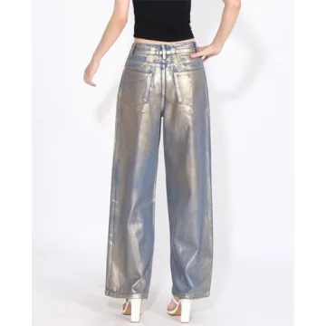 Stylish Glkaend Women Metallic Baggy High Waisted Jeans