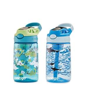 Contigo Aubrey Kids Dinos & Sharks, Cleanable Water Bottle with Silicone Straw, Spill-Proof Lid, Dishwasher Safe, 14oz, 2-Pack