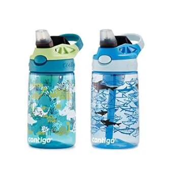 Contigo Aubrey Kids Dinos & Sharks, Cleanable Water Bottle with Silicone Straw, Spill-Proof Lid, Dishwasher Safe, 14oz, 2-Pack