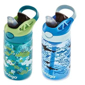 Contigo Aubrey Kids Dinos & Sharks, Cleanable Water Bottle with Silicone Straw, Spill-Proof Lid, Dishwasher Safe, 14oz, 2-Pack
