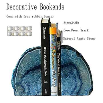 JIC Gem Dyed Blue Agate Bookends 2 to 3 Lbs Polished Heavy Geode Decorative Book Ends with Rubber Bumpers for Office and Home Decoration Small Size