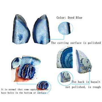 JIC Gem Dyed Blue Agate Bookends 2 to 3 Lbs Polished Heavy Geode Decorative Book Ends with Rubber Bumpers for Office and Home Decoration Small Size