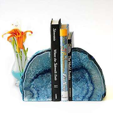JIC Gem Dyed Blue Agate Bookends 2 to 3 Lbs Polished Heavy Geode Decorative Book Ends with Rubber Bumpers for Office and Home Decoration Small Size