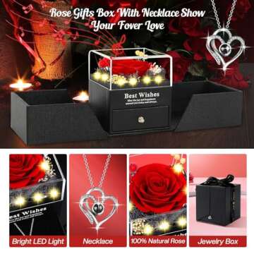 Pasuvsigt Preserved Real Rose with I Love You Heart Necklace 100 Languages with Music&Lights, Romant...