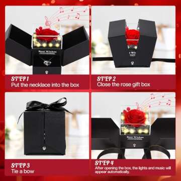 Pasuvsigt Preserved Real Rose with I Love You Heart Necklace 100 Languages with Music&Lights, Romantic Gifts for Women Wife Mom Girlfriend Valentine's Day Mother's Day Birthday Anniversary